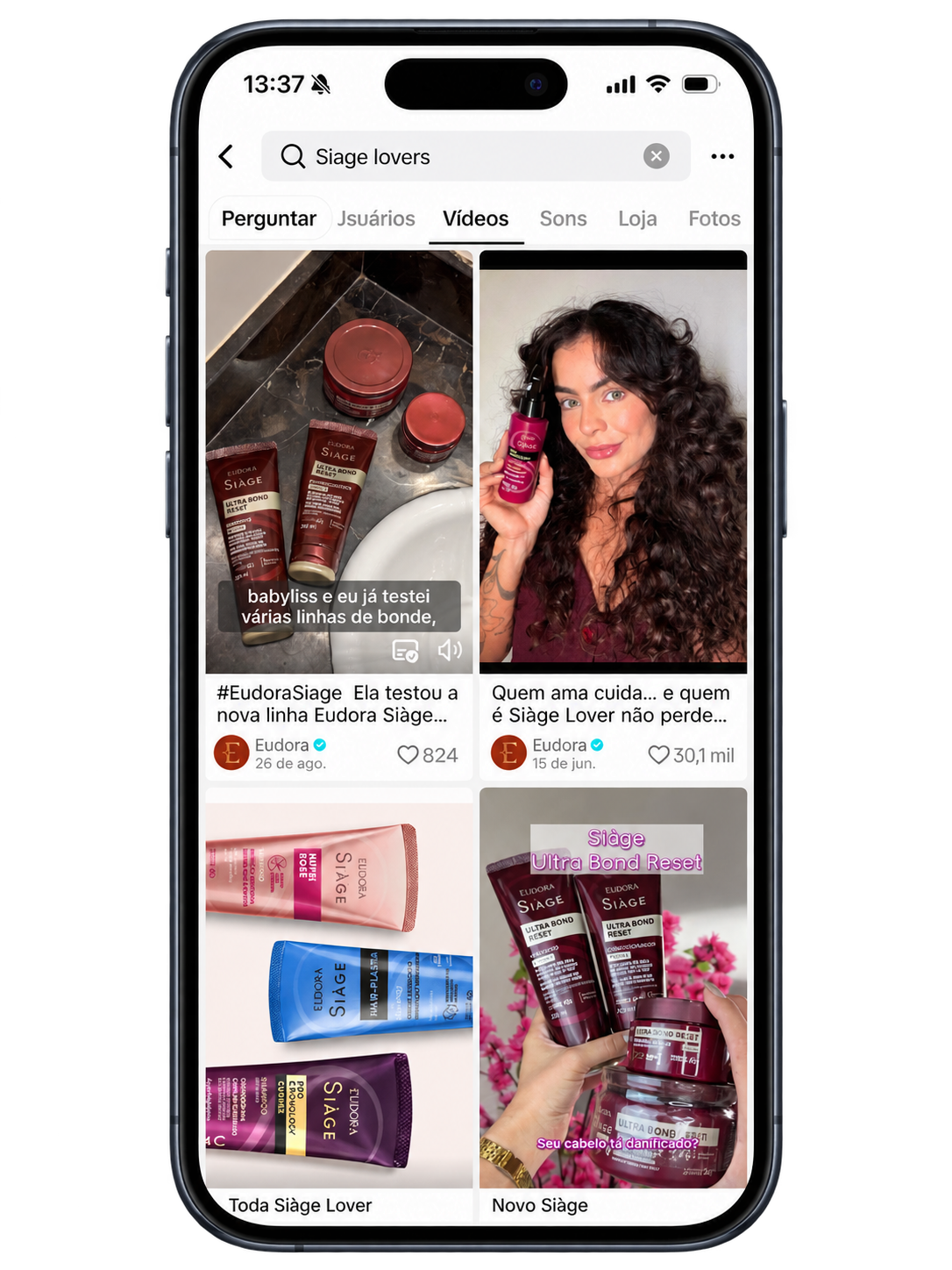 Busca por Siàge Lovers no TikTok com vídeos de criadoras usando Eudora Siàge